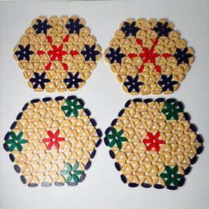 Vintage Colorful Wooden Bead 1960's 7" Wide Boho Hot Dish‎ Trivets Set of Four